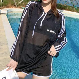Set: Lettering Print Coverup Hoodie + Tankini Top + Shorts