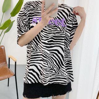 Elbow-sleeve Lettering Zebra Print T-shirt