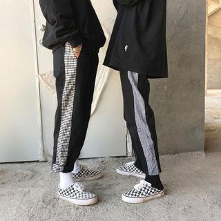 Cropped Plaid Panel Straight Cut Pants