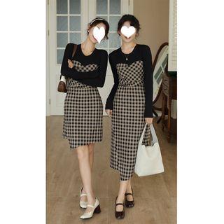 Mock Two-piece Gingham Panel Sheath Dress (various Designs)