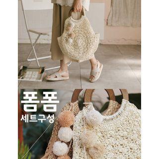 Pompom Detail Rattan Bag