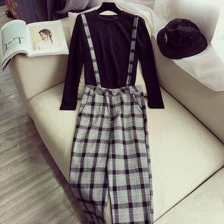 Set: Plain Long Sleeve T-shirt + Plaid Pinafore Pants