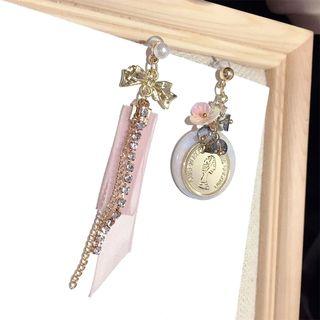 Non-matching Coin Pendant Rhinestone Fringed Drop Earring 1 Pair - Steel Needle - Pink - One Size