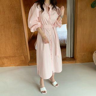 Mandarin-collar Maxi Shirtdress & Sash