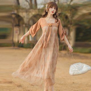 Square Neck Lace Midi A-line Dress