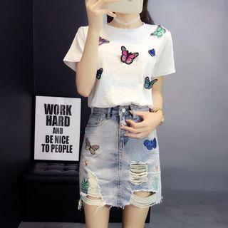 Set: Butterfly Applique Short-sleeve T-shirt + Ripped Denim Skirt