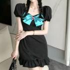 Puff-sleeve Ribbon Mini Sheath Dress