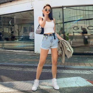 Camouflage-trim Cuff-hem Denim Shorts With Belt