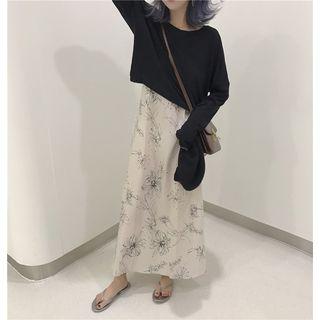 Set: Plain Long-sleeve Top + Floral Midi Skirt