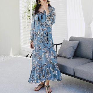 Set: Floral Long-sleeve Midi Dress + Camisole Top