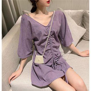 Plaid Drawstring V-neck Dress