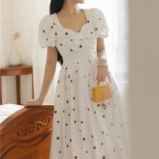 Puff-sleeve Strawberry Print Midi A-line Dress