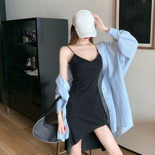 Long-sleeve Striped Shirt / Spaghetti Strap Mini Dress