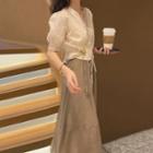 Puff-sleeve Lace Trim Blouse / Midi A-line Skirt / Set