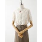 Short-sleeve Lace Blouse / Midi A-line Denim Skirt