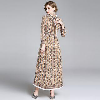 Patterned Ribbon Long-sleeve Maxi A-line Dress