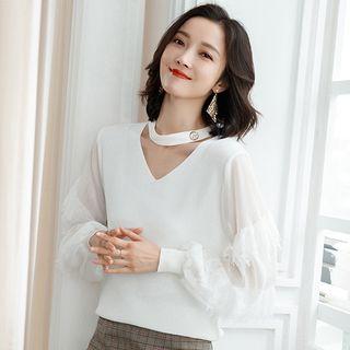 Choker Lace Trim Knit Top