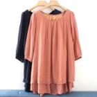Elbow-sleeve Plain Layered Blouse
