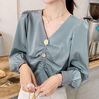 Balloon-sleeve Silky Shirred Blouse