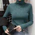 Mock-neck Long-sleeve Glitter T-shirt