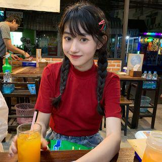 Mock Neck Short-sleeve Plain T-shirt