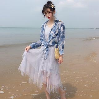 Set: Printed Shirt + Strappy Sheer Midi Dress