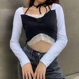 Long Sleeve Color-block Lace Panel Crop Top