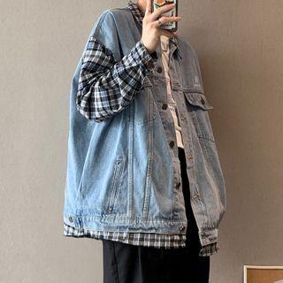 Mock Two-piece Plaid Denim Button Jacket