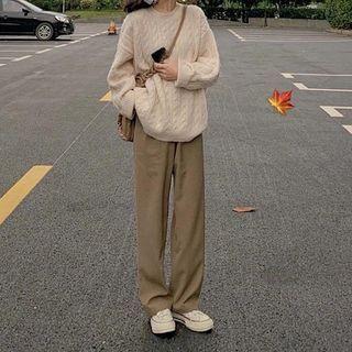 Set: Plain Cable Knit Sweater + Plain Straight Leg Pants