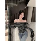 Off-shoulder Striped T-shirt Black - One Size