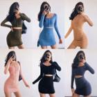 Cutout-belly Long-sleeve Mini Dress In 6 Colors