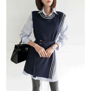 Set: Contrast-trim Belted Knit Vest + Striped Shirtdress