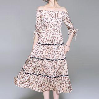 Feather Print Off-shoulder A-line Dress