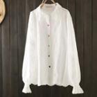 Bell-sleeve Plain Embroidered Lace Shirt White - One Size