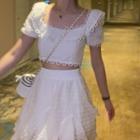 Puff-sleeve Square-neck Cropped Top / High-waist Mini Skirt