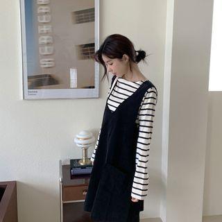 Plunge-neck Corduroy Midi Jumper Dress Black - One Size