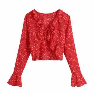 Bell-sleeve Dotted Frill Trim Crop Top