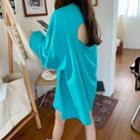 Plain Long-sleeve Loose-fit T-shirt Bluish Green - One Size