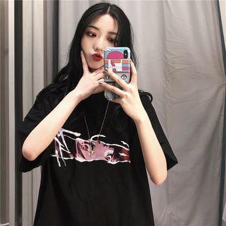 Elbow-sleeve Printed T-shirt Black - One Size