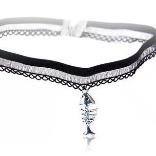 Rhinestone Lace Choker X263 - Black - One Size