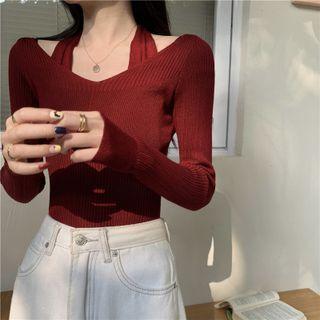 Mock Two-piece Long-sleeve Cold Shoulder Fitted Knit Top