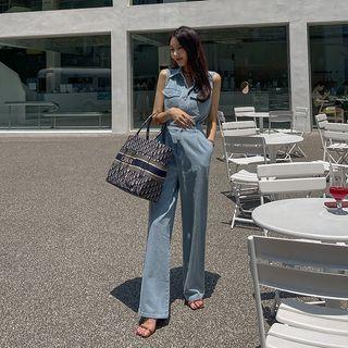 Sleeveless Shirtwaist Denim Jumpsuit