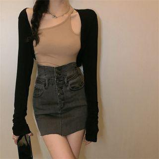 Cutout Camisole / Open Front Cropped Cardigan / High Waist Denim Fitted Skirt