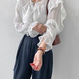 Frill-trim Crinkled Sheer Blouse One Size