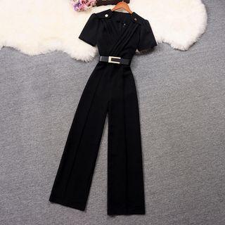 Short Sleeve V-neck Wide Leg Jumpsuit