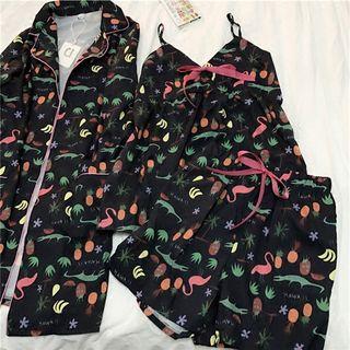 Loungewear Set: Long-sleeve Printed Shirt + Shorts + Camisole Top