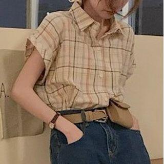 Short-sleeve Plaid Shirt Plaid - Orange & Beige - One Size