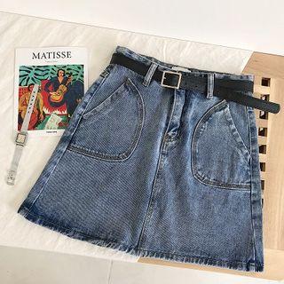 Double-pocket High-waist Denim A-line Skirt With Belt