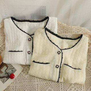 Embossed Beaded-trim V-neck Light Top