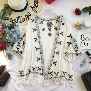 3/4-sleeve Lace Trim Embroidered Light Jacket